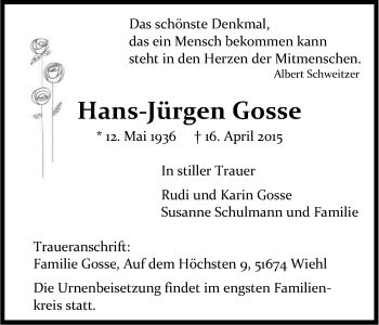 Anzeige von Hans-Jürgen Gosse von Kölner Stadt-Anzeiger / Kölnische Rundschau / Express