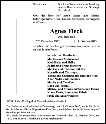 Anzeige von Agnes Fleck von Kölner Stadt-Anzeiger / Kölnische Rundschau / Express