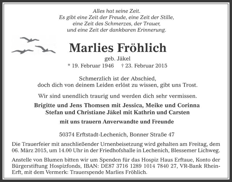  Traueranzeige für Marlies Fröhlich vom 04.03.2015 aus  Werbepost 