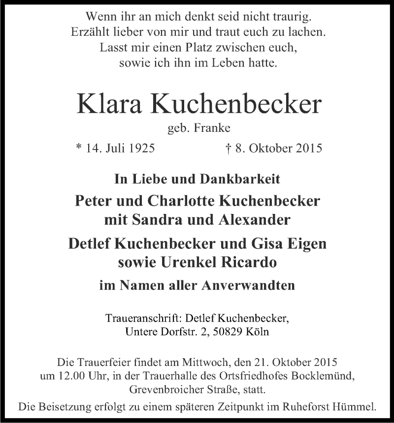  Traueranzeige für Klara Kuchenbecker vom 17.10.2015 aus Kölner Stadt-Anzeiger / Kölnische Rundschau / Express