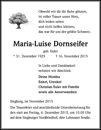 Anzeige von Maria-Luise Dornseifer von Kölner Stadt-Anzeiger / Kölnische Rundschau / Express