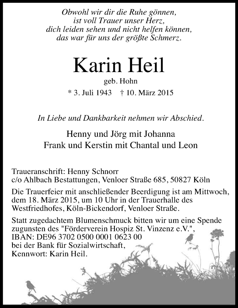  Traueranzeige für Karin Heil vom 14.03.2015 aus Kölner Stadt-Anzeiger / Kölnische Rundschau / Express