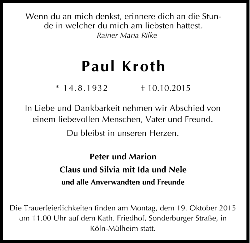  Traueranzeige für Paul Kroth vom 17.10.2015 aus Kölner Stadt-Anzeiger / Kölnische Rundschau / Express