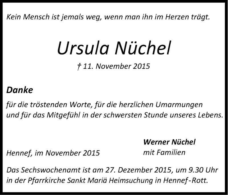  Traueranzeige für Ursula Nüchel vom 28.11.2015 aus Kölner Stadt-Anzeiger / Kölnische Rundschau / Express