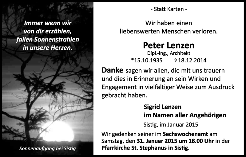  Traueranzeige für Peter Lenzen vom 28.01.2015 aus Kölner Stadt-Anzeiger / Kölnische Rundschau / Express