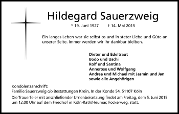 Anzeige von Hildegard Sauerzweig von Kölner Stadt-Anzeiger / Kölnische Rundschau / Express