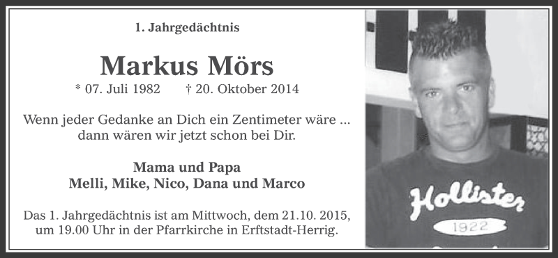  Traueranzeige für Markus Mörs vom 14.10.2015 aus  Werbepost 