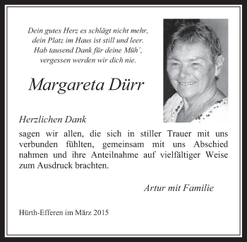 Anzeige von Margareta Dürr von  Wochenende 
