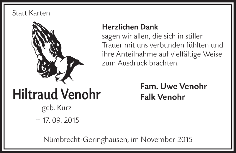  Traueranzeige für Hiltraud Venohr vom 18.11.2015 aus  Lokalanzeiger 