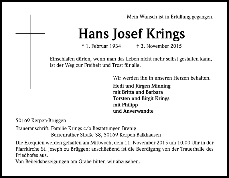  Traueranzeige für Hans Josef Krings vom 07.11.2015 aus Kölner Stadt-Anzeiger / Kölnische Rundschau / Express