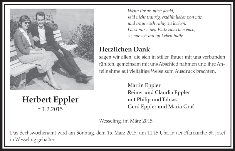  Traueranzeige für Herbert Eppler vom 04.03.2015 aus  Schlossbote/Werbekurier 