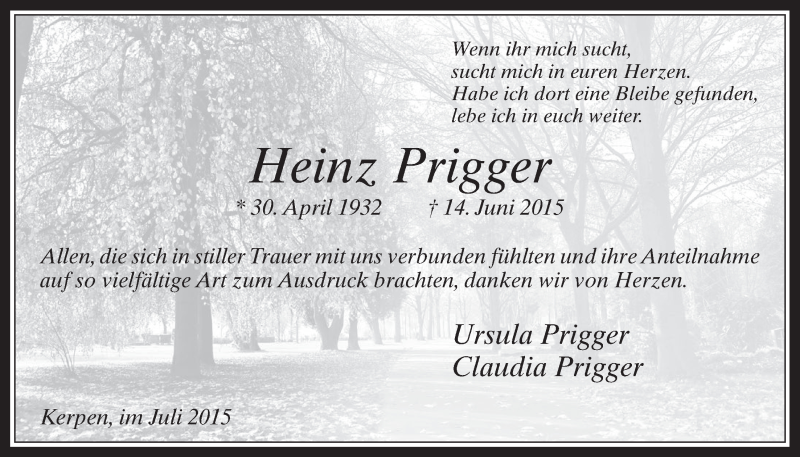  Traueranzeige für Heinz Prigger vom 08.07.2015 aus  Werbepost 