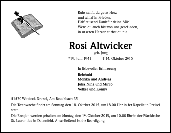 Anzeige von Rosi Altwicker von Kölner Stadt-Anzeiger / Kölnische Rundschau / Express