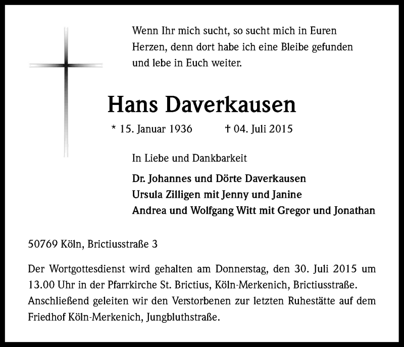  Traueranzeige für Hans Daverkausen vom 25.07.2015 aus Kölner Stadt-Anzeiger / Kölnische Rundschau / Express