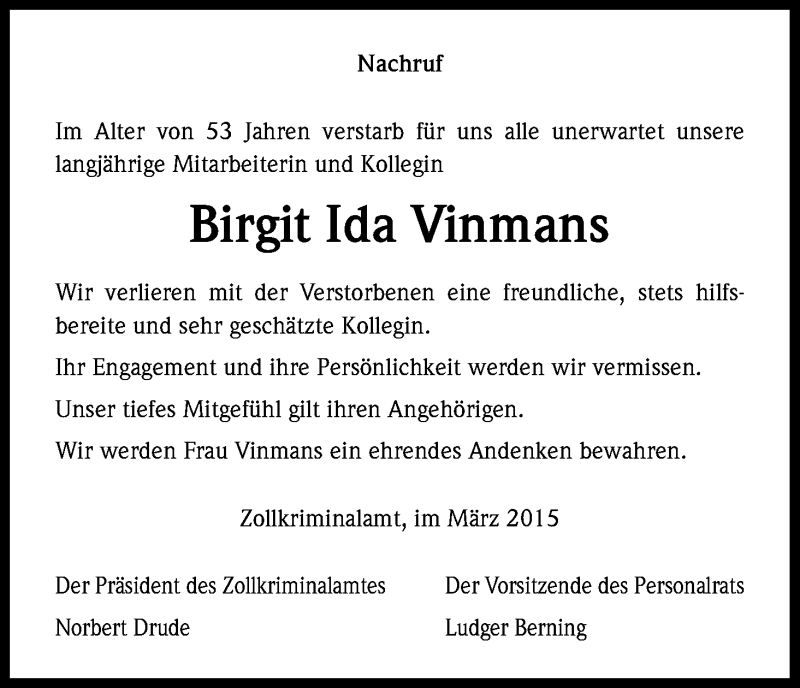  Traueranzeige für Birgit Ida Vinmans vom 21.03.2015 aus Kölner Stadt-Anzeiger / Kölnische Rundschau / Express