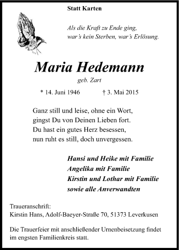 Anzeige von Maria Hedemann von Kölner Stadt-Anzeiger / Kölnische Rundschau / Express