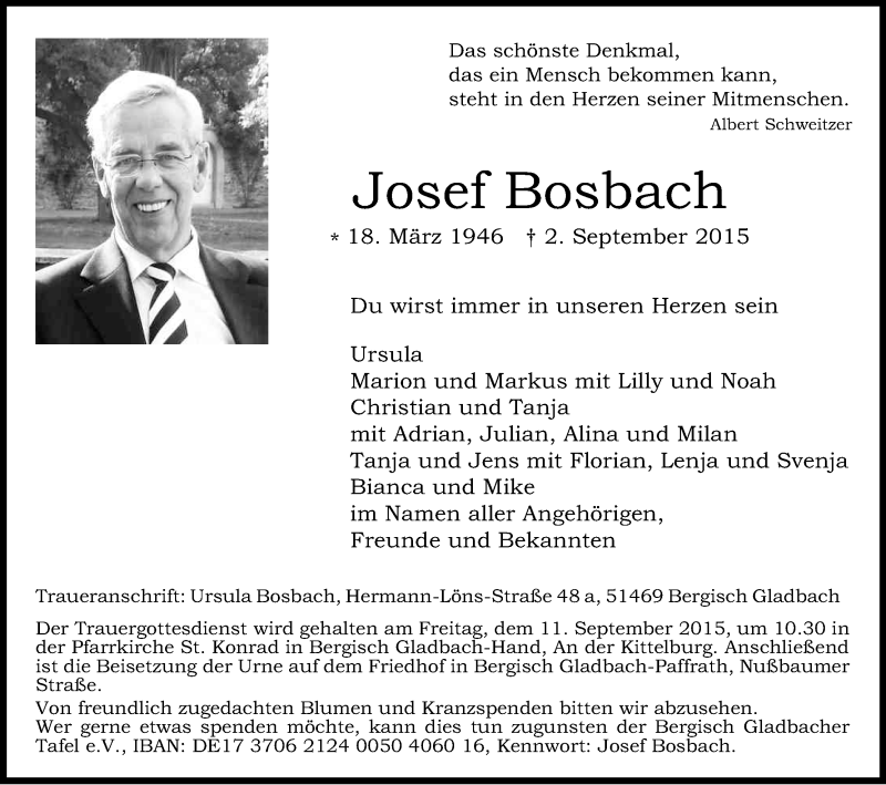  Traueranzeige für Josef Bosbach vom 08.09.2015 aus Kölner Stadt-Anzeiger / Kölnische Rundschau / Express