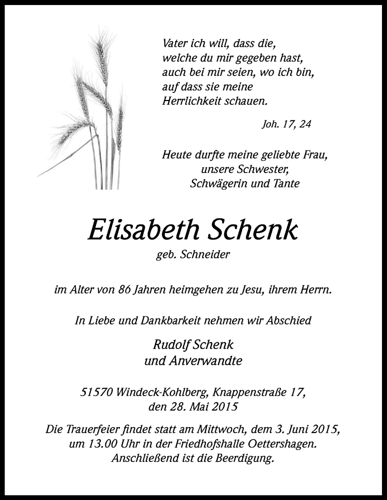  Traueranzeige für Elisabeth Schenk vom 30.05.2015 aus Kölner Stadt-Anzeiger / Kölnische Rundschau / Express