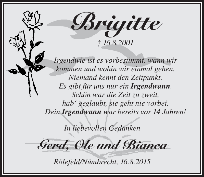  Traueranzeige für Brigitte Dick vom 19.08.2015 aus  Lokalanzeiger 