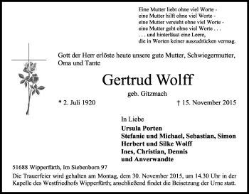 Anzeige von Gertrud Wolff von Kölner Stadt-Anzeiger / Kölnische Rundschau / Express