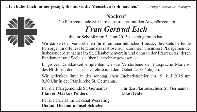  Traueranzeige für Gertrud Eich vom 17.06.2015 aus  Schlossbote/Werbekurier 