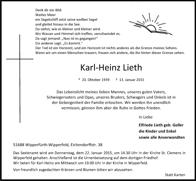  Traueranzeige für Karl-Heinz Lieth vom 17.01.2015 aus Kölner Stadt-Anzeiger / Kölnische Rundschau / Express
