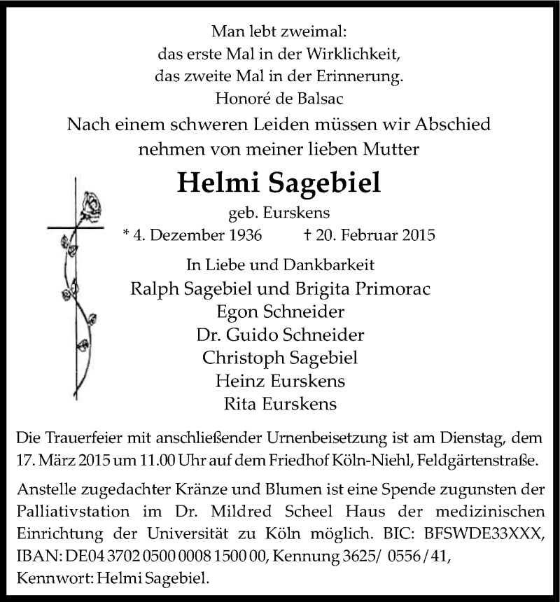  Traueranzeige für Helmi Sagebiel vom 14.03.2015 aus Kölner Stadt-Anzeiger / Kölnische Rundschau / Express