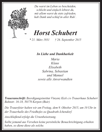 Anzeige von Horst Schubert von  Werbepost 