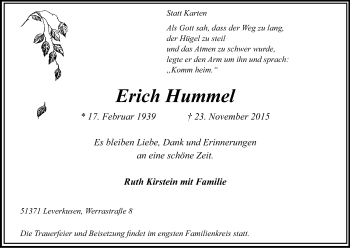 Anzeige von Erich Hummel von Kölner Stadt-Anzeiger / Kölnische Rundschau / Express