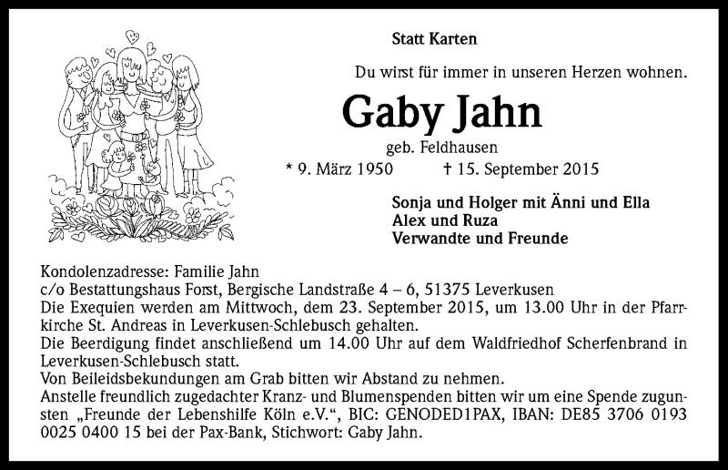  Traueranzeige für Gaby Jahn vom 19.09.2015 aus Kölner Stadt-Anzeiger / Kölnische Rundschau / Express