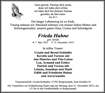 Anzeige von Frieda Hahne von Kölner Stadt-Anzeiger / Kölnische Rundschau / Express