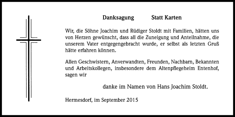  Traueranzeige für Hans Joachim Stoldt vom 16.09.2015 aus Kölner Stadt-Anzeiger / Kölnische Rundschau / Express