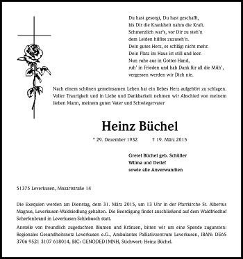 Anzeige von Heinz Büchel von Kölner Stadt-Anzeiger / Kölnische Rundschau / Express