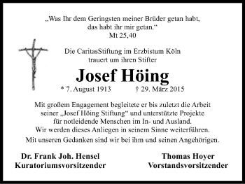 Anzeige von Josef Höing von Kölner Stadt-Anzeiger / Kölnische Rundschau / Express