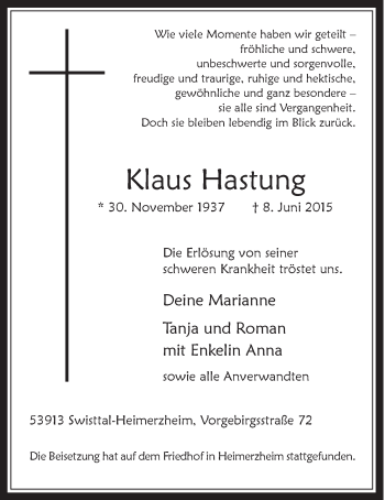 Anzeige von Klaus Hastung von  Schaufenster/Blickpunkt 