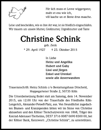 Anzeige von Christine Schink von Kölner Stadt-Anzeiger / Kölnische Rundschau / Express