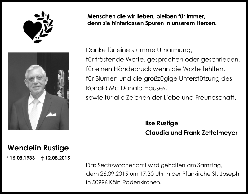  Traueranzeige für Wendelin Rustige vom 16.09.2015 aus  Kölner Wochenspiegel 