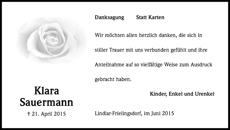  Traueranzeige für Klara Sauermann vom 06.06.2015 aus Kölner Stadt-Anzeiger / Kölnische Rundschau / Express