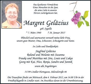 Anzeige von Margret Geläzius von Kölner Stadt-Anzeiger / Kölnische Rundschau / Express