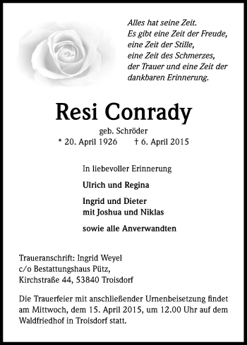 Anzeige von Resi Conrady von Kölner Stadt-Anzeiger / Kölnische Rundschau / Express