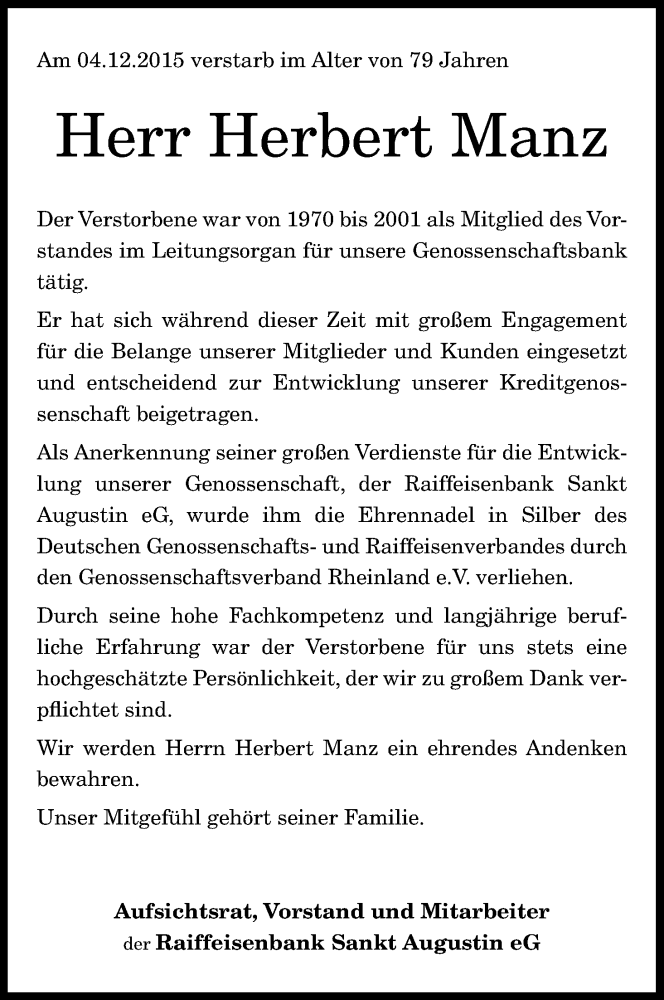  Traueranzeige für Herbert Manz vom 12.12.2015 aus Kölner Stadt-Anzeiger / Kölnische Rundschau / Express