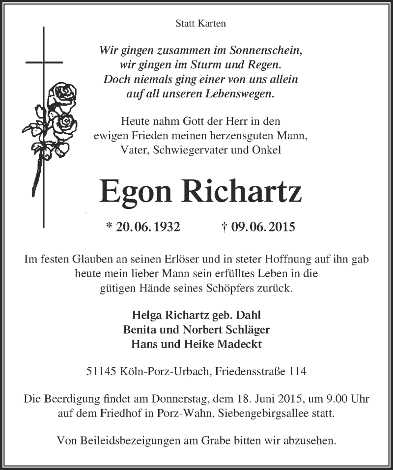  Traueranzeige für Egon Richartz vom 17.06.2015 aus  Kölner Wochenspiegel 