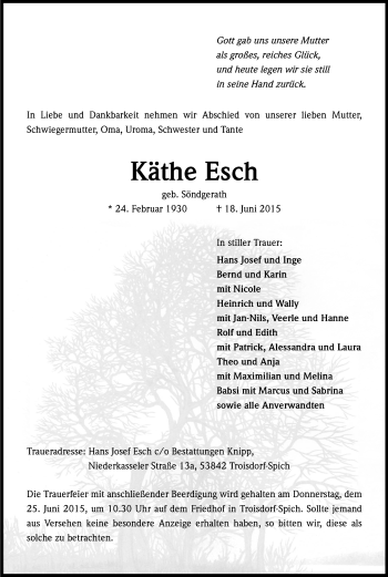Anzeige von Käthe Esch von Kölner Stadt-Anzeiger / Kölnische Rundschau / Express