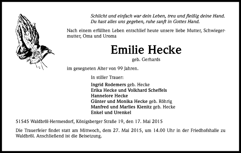  Traueranzeige für Emilie Hecke vom 20.05.2015 aus Kölner Stadt-Anzeiger / Kölnische Rundschau / Express