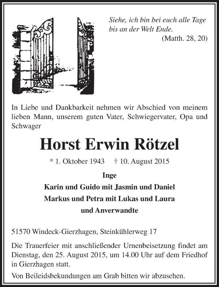  Traueranzeige für Horst Erwin Rötzel vom 19.08.2015 aus  Lokalanzeiger 