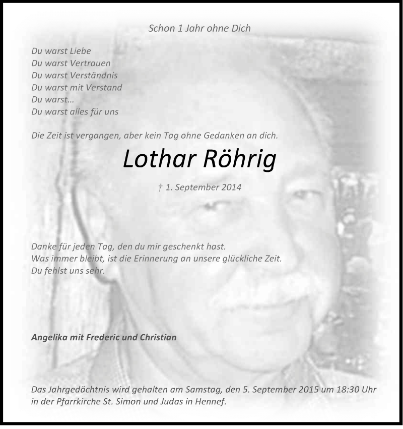  Traueranzeige für Lothar Röhrig vom 01.09.2015 aus Kölner Stadt-Anzeiger / Kölnische Rundschau / Express