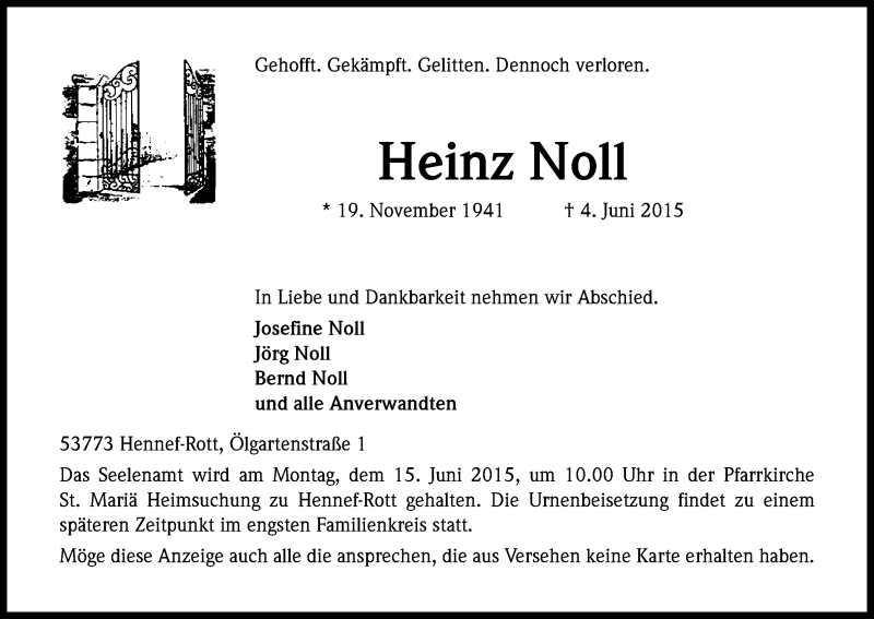  Traueranzeige für Heinz Noll vom 13.06.2015 aus Kölner Stadt-Anzeiger / Kölnische Rundschau / Express