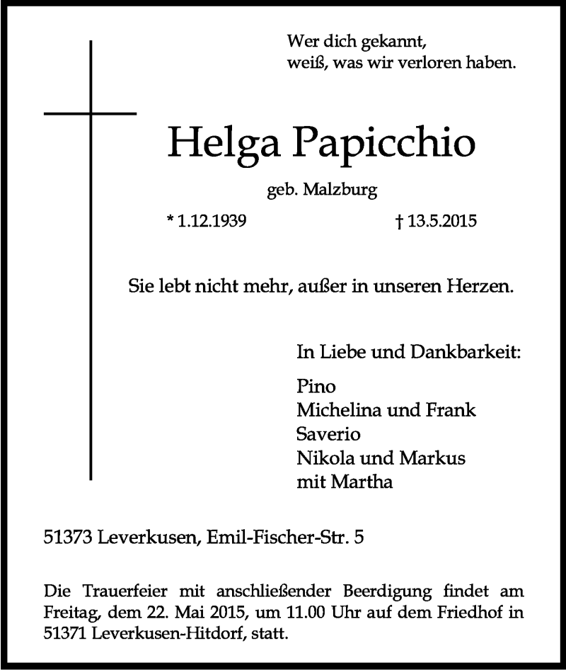  Traueranzeige für Helga Papicchio vom 21.05.2015 aus Kölner Stadt-Anzeiger / Kölnische Rundschau / Express