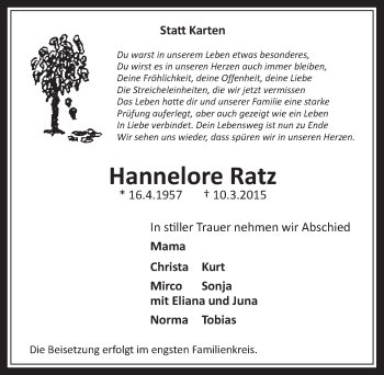Anzeige von Hannelore Ratz von  Werbepost 