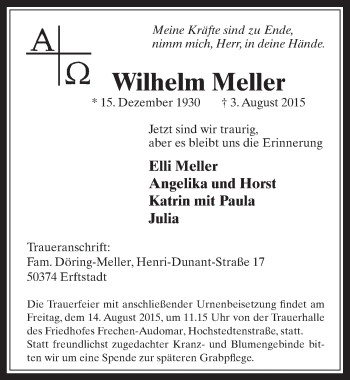 Anzeige von Wilhelm Meller von  Wochenende 